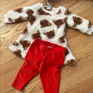 Adorable Fuzzy Rudolph Print Dress with Red Leggings
